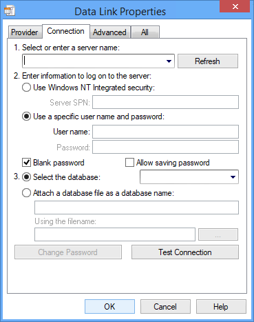 Picture showing the Data Link Properties dialog box illustrating connection string options available for SQL Server Native Client driver.